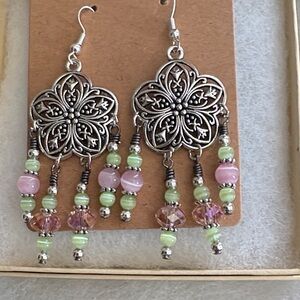 Ornate Silver and Pastel Beaded Dangle Earrings